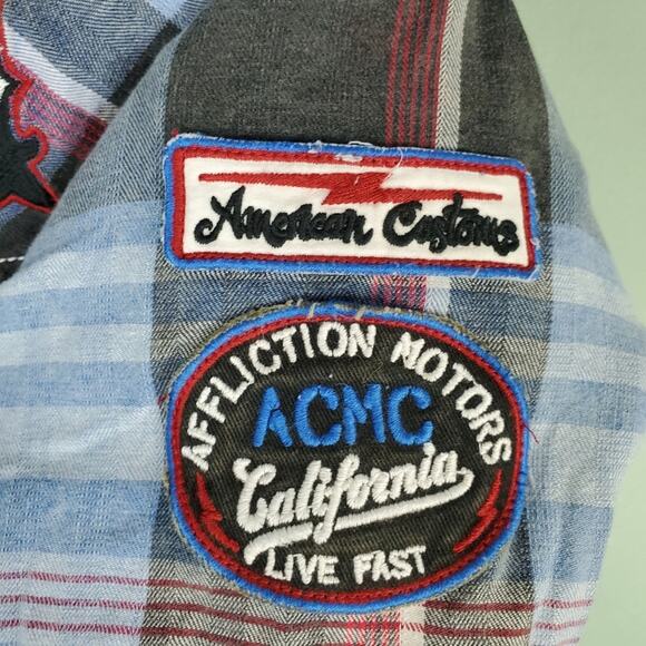 Affliction Blue Plaid Western Pearl Snap Embroidered Shirt Size Medium - Picture 6 of 8